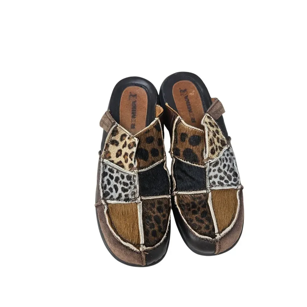 Romika 40 Brown Calf Hair Patchwork Animal Print Chunky Clog Mule Grunge Whimsy